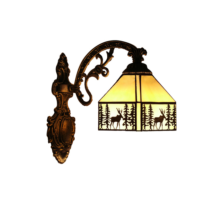 1 Light Forest Deer Wall Light with Lodge Shade Tiffany Rustic Wall Sconce in Beige for Hotel Clearhalo 'Industrial' 'Middle century wall lights' 'Tiffany wall lights' 'Tiffany' 'Wall Lamps & Sconces' 'Wall Lights' Lighting' 176306