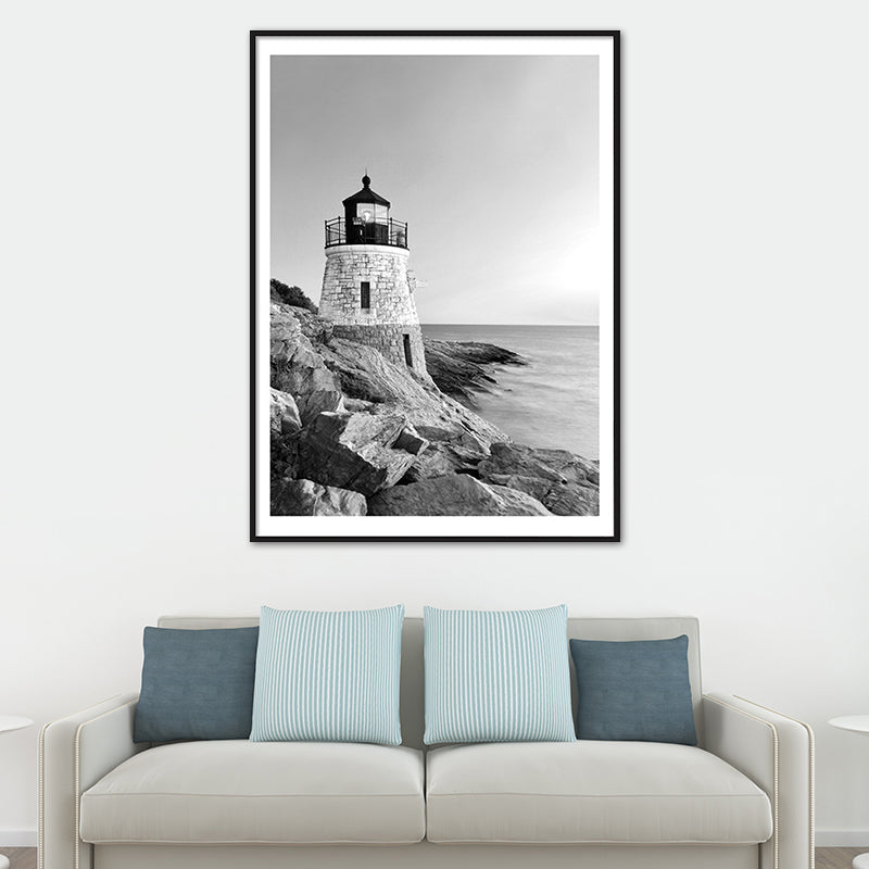 Vintage Seaside Lighthouse Art Print Canvas Gray Building Wall Decor, Multiple Sizes Available Grey Clearhalo 'Arts' 'Canvas Art' 1763074