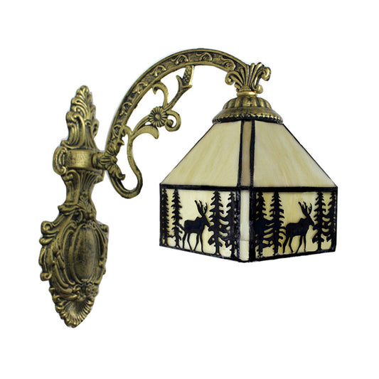 1 Light Forest Deer Wall Light with Lodge Shade Tiffany Rustic Wall Sconce in Beige for Hotel Clearhalo 'Industrial' 'Middle century wall lights' 'Tiffany wall lights' 'Tiffany' 'Wall Lamps & Sconces' 'Wall Lights' Lighting' 176307