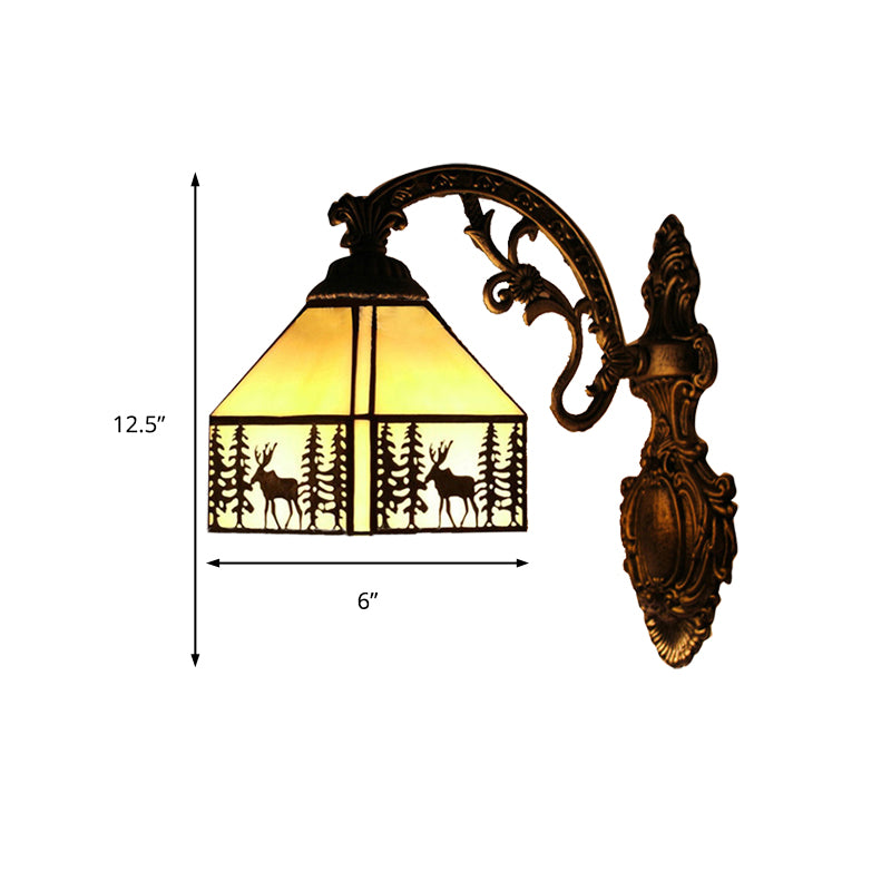 1 Light Forest Deer Wall Light with Lodge Shade Tiffany Rustic Wall Sconce in Beige for Hotel Clearhalo 'Industrial' 'Middle century wall lights' 'Tiffany wall lights' 'Tiffany' 'Wall Lamps & Sconces' 'Wall Lights' Lighting' 176308