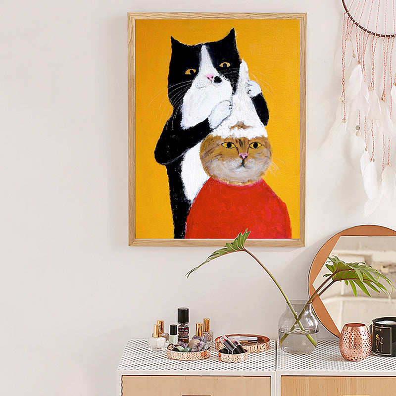 Cats Drawing Canvas Print Cartoon Cute Animal Wall Art in Yellow for Child Bedroom Yellow Clearhalo 'Arts' 'Canvas Art' 1763105