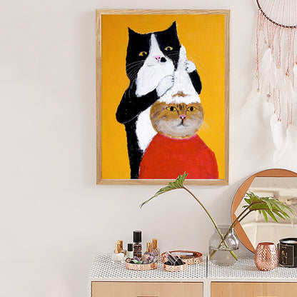Cats Drawing Canvas Print Cartoon Cute Animal Wall Art in Yellow for Child Bedroom Yellow Clearhalo 'Arts' 'Canvas Art' 1763105