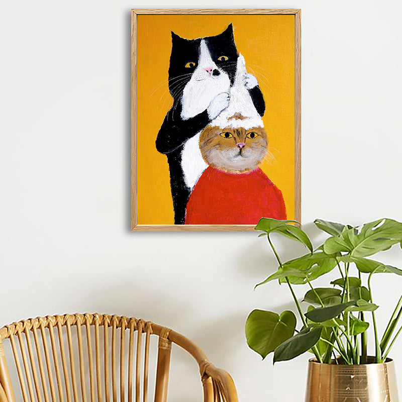 Cats Drawing Canvas Print Cartoon Cute Animal Wall Art in Yellow for Child Bedroom Clearhalo 'Arts' 'Canvas Art' 1763106