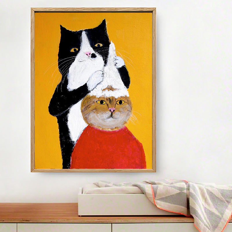 Katten tekenen canvas print cartoon schattige dierenmuurkunst in geel voor kinderslaapkamer