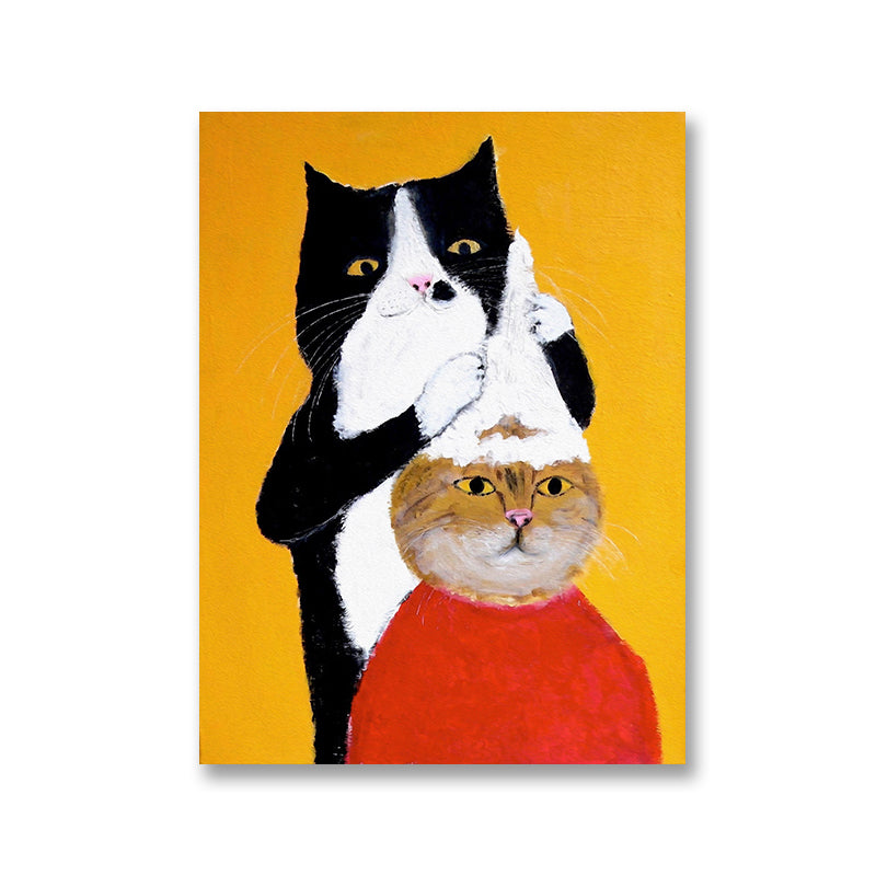 Cats Drawing Canvas Print Cartoon Cute Animal Wall Art in Yellow for Child Bedroom Clearhalo 'Arts' 'Canvas Art' 1763108
