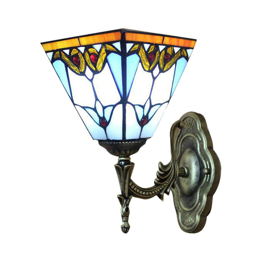 Pyramid Study Room Wall Light Stained Glass 1 Head Tiffany Victorian Sconce Lamp in Blue Clearhalo 'Industrial' 'Middle century wall lights' 'Tiffany wall lights' 'Tiffany' 'Wall Lamps & Sconces' 'Wall Lights' Lighting' 176311