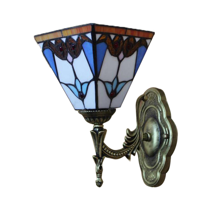 Pyramid Study Room Wall Light Stained Glass 1 Head Tiffany Victorian Sconce Lamp in Blue Clearhalo 'Industrial' 'Middle century wall lights' 'Tiffany wall lights' 'Tiffany' 'Wall Lamps & Sconces' 'Wall Lights' Lighting' 176312