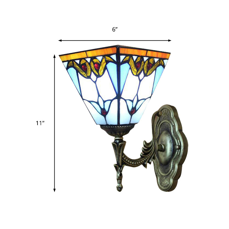 Pyramid Study Room Wall Light Stained Glass 1 Head Tiffany Victorian Sconce Lamp in Blue Clearhalo 'Industrial' 'Middle century wall lights' 'Tiffany wall lights' 'Tiffany' 'Wall Lamps & Sconces' 'Wall Lights' Lighting' 176313
