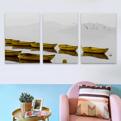 Brown Misty River Boats Canvas Wall Art Textured Contemporary Living Room Wall Decor Brown Clearhalo 'Art Gallery' 'Canvas Art' 'Contemporary Art Gallery' 'Modern' Arts' 1763263