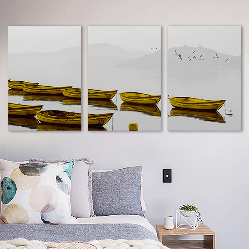 Brown Misty River Boats Canvas Wall Art Textured Contemporary Living Room Wall Decor Clearhalo 'Art Gallery' 'Canvas Art' 'Contemporary Art Gallery' 'Modern' Arts' 1763264