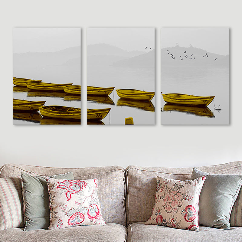 Brown Misty River Boats Canvas Wall Art Textured Contemporary Living Room Wall Decor Clearhalo 'Art Gallery' 'Canvas Art' 'Contemporary Art Gallery' 'Modern' Arts' 1763265