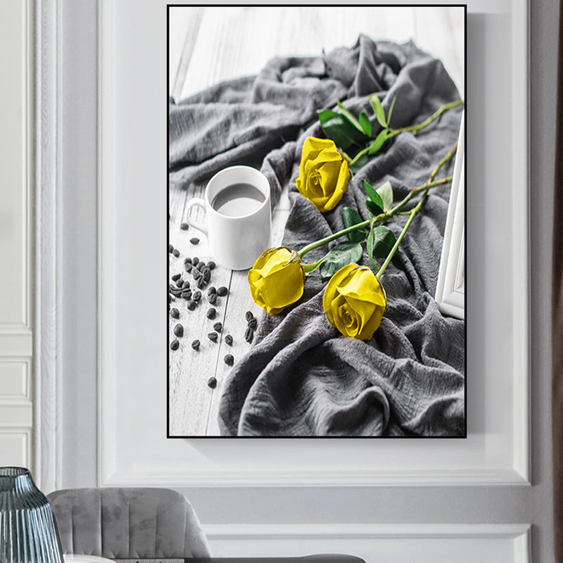 Yellow Rose and Coffee Canvas Still Life Modern Textured Wall Art for Dining Room Yellow Clearhalo 'Art Gallery' 'Canvas Art' 'Contemporary Art Gallery' 'Modern' Arts' 1763270