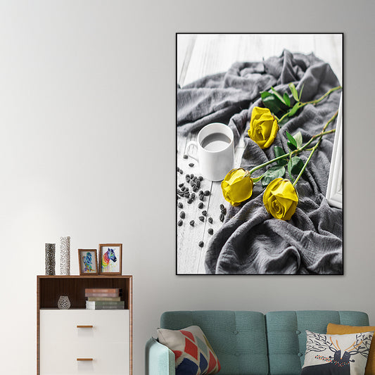 Yellow Rose and Coffee Canvas Still Life Modern Textured Wall Art for Dining Room Clearhalo 'Art Gallery' 'Canvas Art' 'Contemporary Art Gallery' 'Modern' Arts' 1763271
