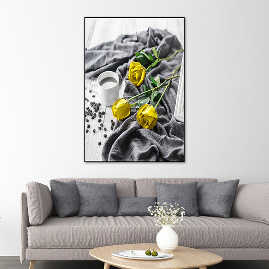 Yellow Rose and Coffee Canvas Still Life Modern Textured Wall Art for Dining Room Clearhalo 'Art Gallery' 'Canvas Art' 'Contemporary Art Gallery' 'Modern' Arts' 1763272