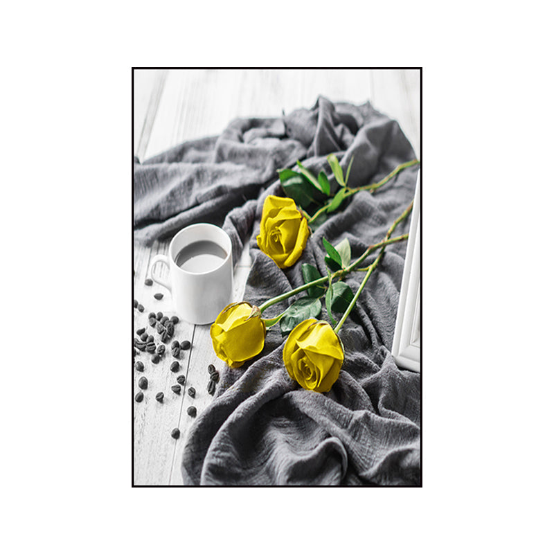 Yellow Rose and Coffee Canvas Still Life Modern Textured Wall Art for Dining Room Clearhalo 'Art Gallery' 'Canvas Art' 'Contemporary Art Gallery' 'Modern' Arts' 1763273