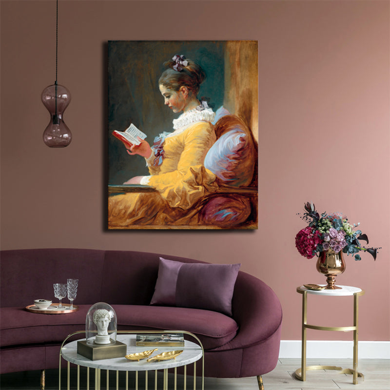 Renaissance Reading Girl Art Print Canvas Textured Yellow Wall Decor for Bathroom Clearhalo 'Arts' 'Canvas Art' 1763348