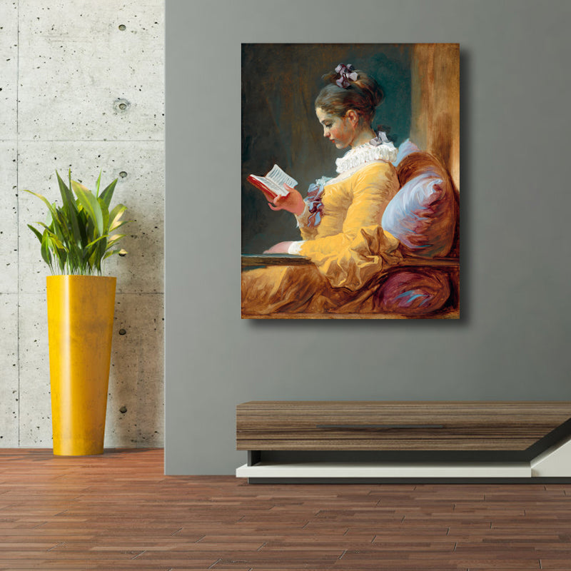 Renaissance Reading Girl Art Print Canvas Textured Yellow Wall Decor for Bathroom Clearhalo 'Arts' 'Canvas Art' 1763349