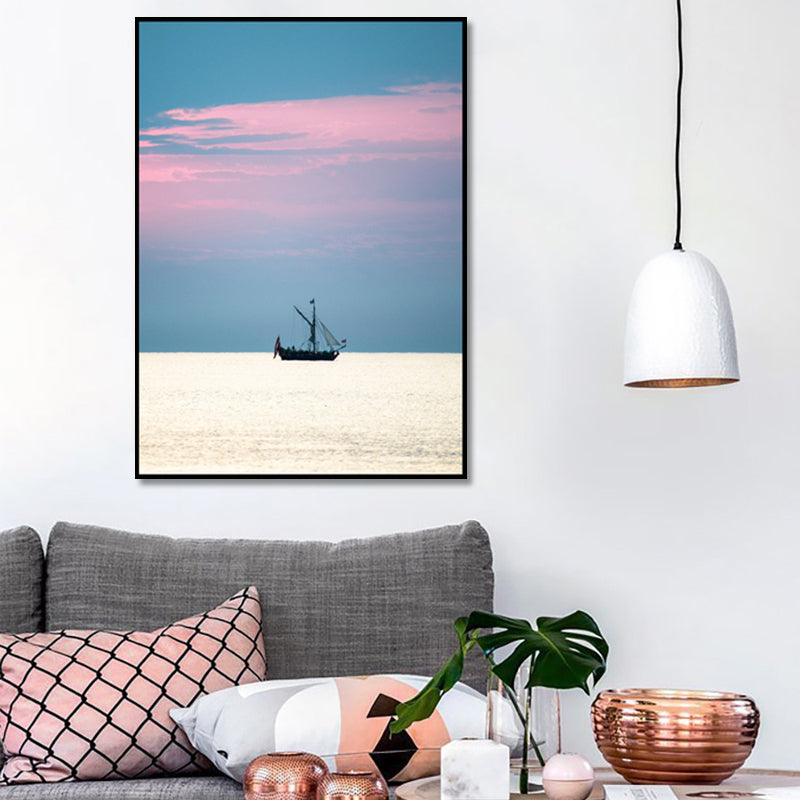 Photo Sunset Ocean Sailboat Canvas Art Minimalist Picturesque Seascape Wall Decor in Soft Color Blue Clearhalo 'Art Gallery' 'Canvas Art' 'Contemporary Art Gallery' 'Modern' Arts' 1763390