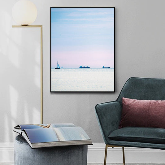 Photo Sunset Ocean Sailboat Canvas Art Minimalist Picturesque Seascape Wall Decor in Soft Color Sky Blue Clearhalo 'Art Gallery' 'Canvas Art' 'Contemporary Art Gallery' 'Modern' Arts' 1763397