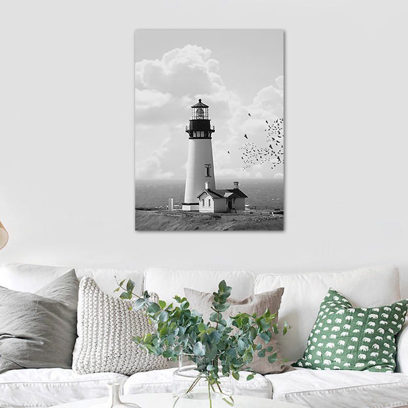Gray Lighthouse Scene Painting Textured Vintage Style Dining Room Canvas Wall Art Grey Clearhalo 'Arts' 'Canvas Art' 1763408