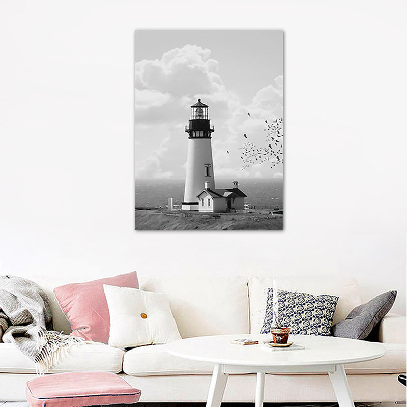Gray Lighthouse Scene Painting Textured Vintage Style Dining Room Canvas Wall Art Clearhalo 'Arts' 'Canvas Art' 1763410
