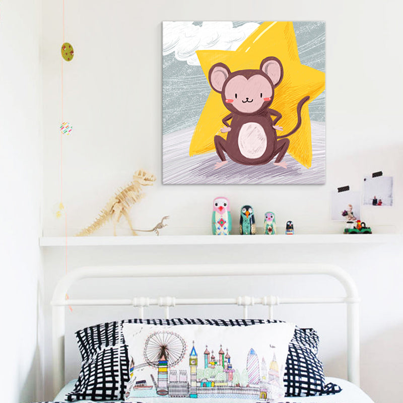 Cartoon Animal Wall Art Print Canvas Textured Soft Color Wall Decor for Baby Room Yellow Clearhalo 'Art Gallery' 'Canvas Art' 'Kids' Arts' 1763446