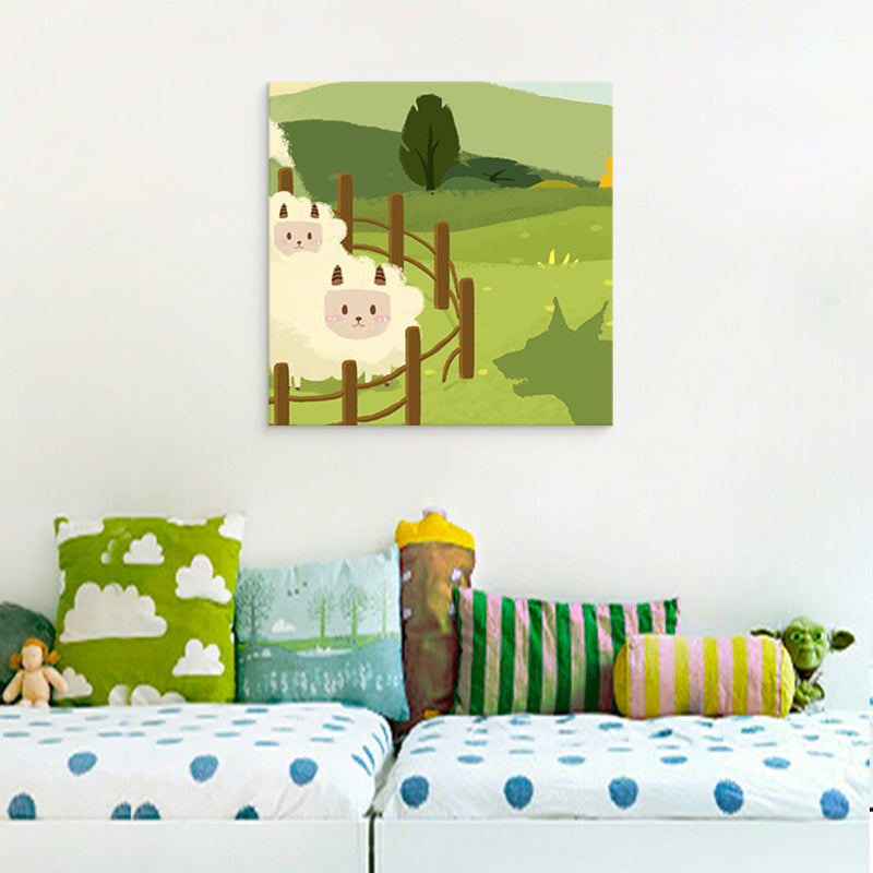 Cartoon Animal Wall Art Print Canvas Textured Soft Color Wall Decor for Baby Room Light Green Clearhalo 'Art Gallery' 'Canvas Art' 'Kids' Arts' 1763460