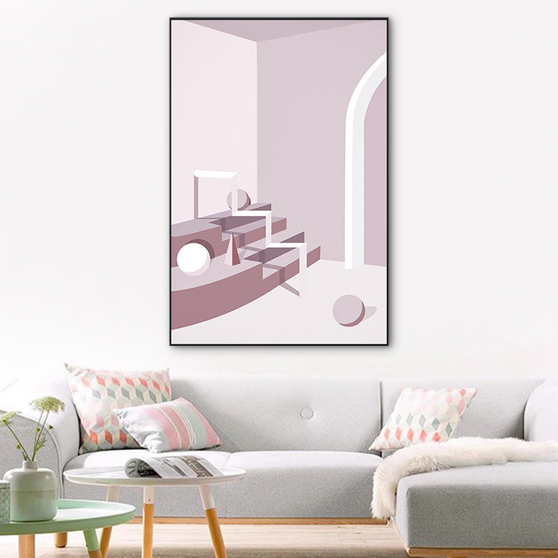 Modern Wall Art Decor Pastel Color Illustration Geometric and House Interior Canvas Pink Clearhalo 'Art Gallery' 'Canvas Art' 'Kids' Arts' 1763504