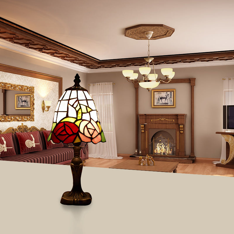 7"/6" Wide Bell Shape Bedroom Reading Light with Rose Stained Glass Tiffany Style Desk Lamp in Pink Pink 7" Clearhalo 'Lamps' 'Table Lamps' Lighting' 176353