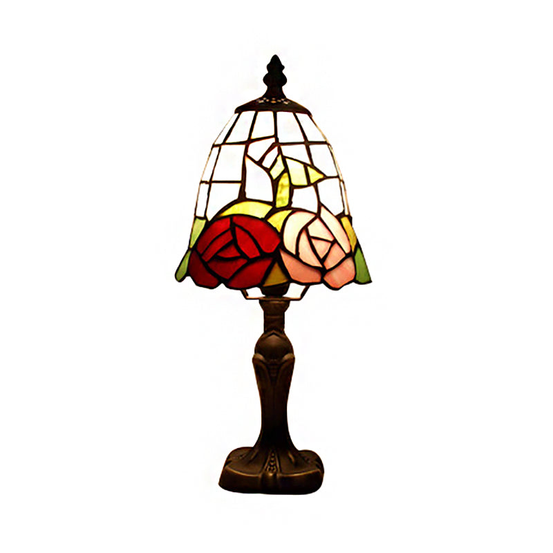 7"/6" Wide Bell Shape Bedroom Reading Light with Rose Stained Glass Tiffany Style Desk Lamp in Pink Clearhalo 'Lamps' 'Table Lamps' Lighting' 176354
