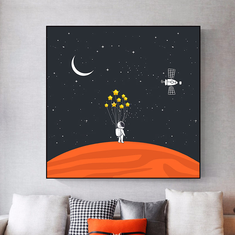 Astronaut and Starry Night Canvas Textured Kids Style Bedroom Wall Art Decor in Dark Color Black Clearhalo 'Art Gallery' 'Canvas Art' 'Kids' Arts' 1763616