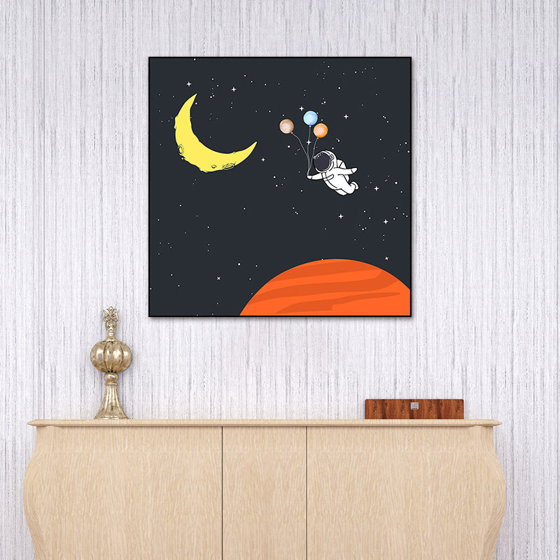 Astronaut and Starry Night Canvas Textured Kids Style Bedroom Wall Art Decor in Dark Color Yellow Clearhalo 'Art Gallery' 'Canvas Art' 'Kids' Arts' 1763623