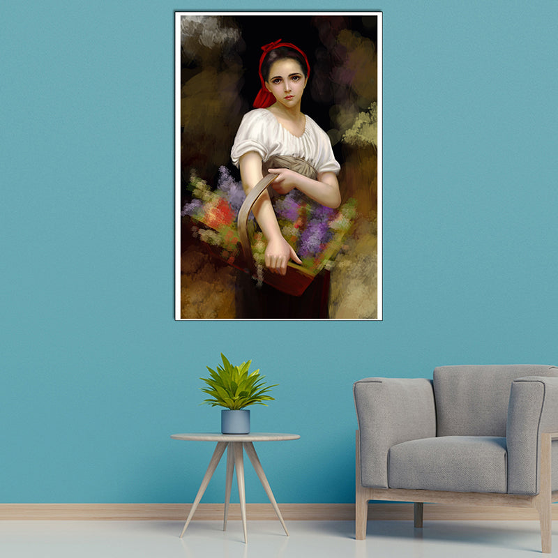 Standing Girl with Basket Painting Brown Canvas Art Print Textured, Multiple Sizes Available Brown Clearhalo 'Arts' 'Canvas Art' 1763659