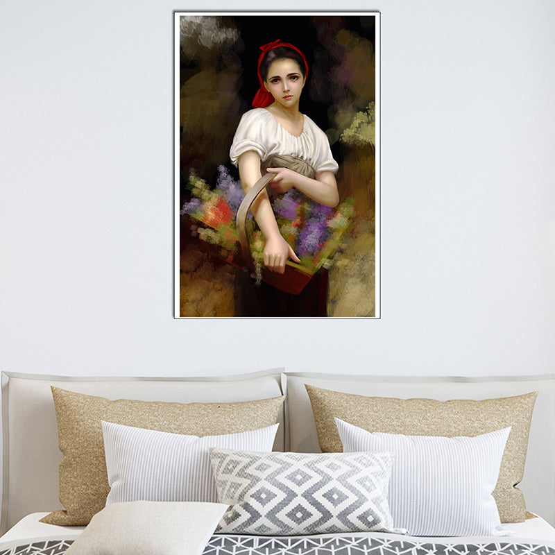 Standing Girl with Basket Painting Brown Canvas Art Print Textured, Multiple Sizes Available Clearhalo 'Arts' 'Canvas Art' 1763660