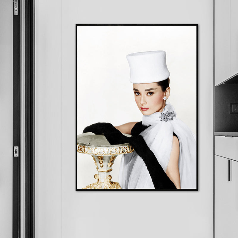 Light Color Hepburn Portrait Canvas Textured Vintage Girls Bedroom Wall Art Print White Clearhalo 'Art Gallery' 'Canvas Art' 'Contemporary Art Gallery' 'Modern' Arts' 1763680