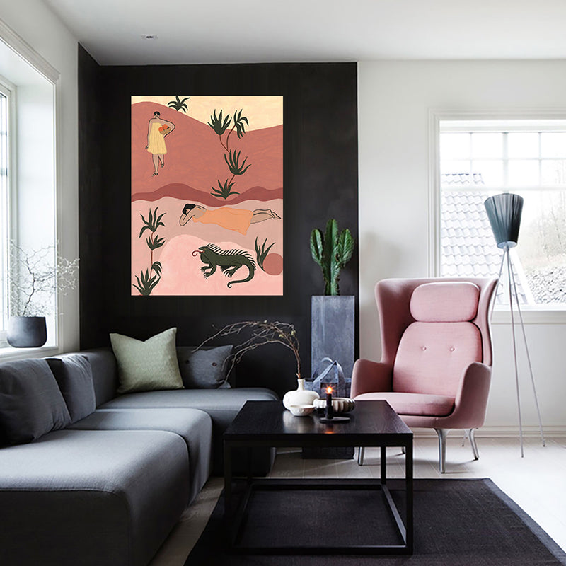 Illustration Beauty and Beast Canvas Pink Nordic Wall Art Print for House Interior