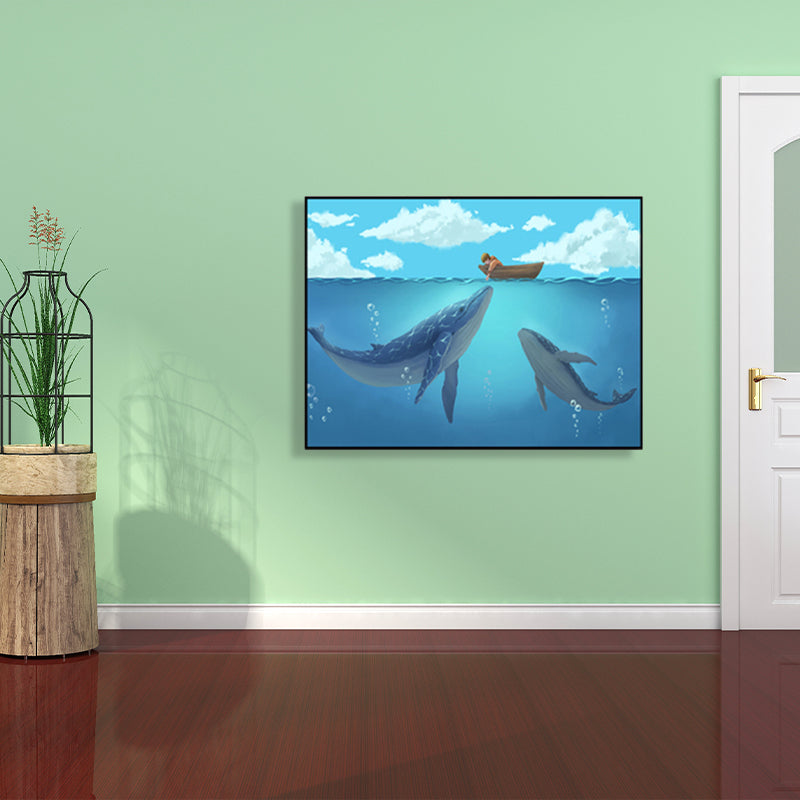 Textured Whale Canvas Wall Art Cartoon Wall Decoration for Sitting Room, Soft Blue Clearhalo 'Art Gallery' 'Canvas Art' 'Kids' Arts' 1763716