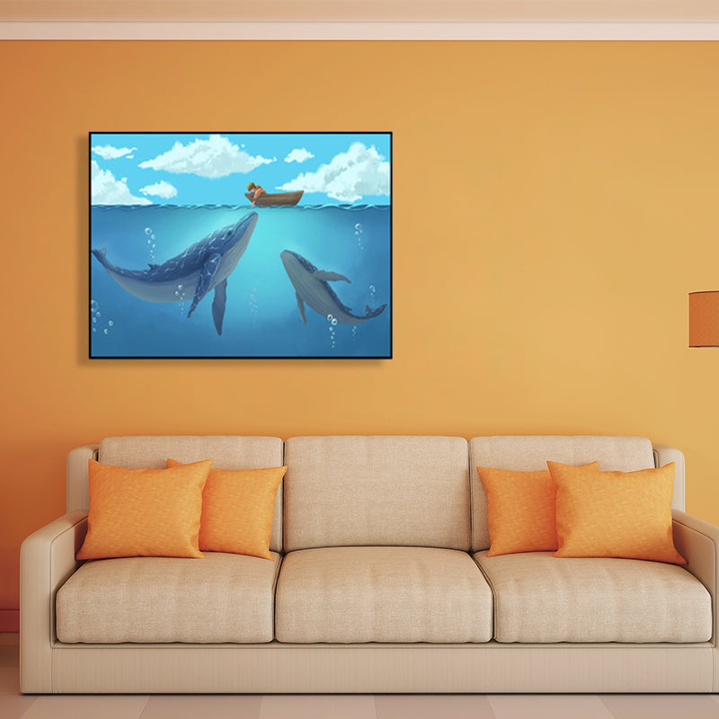 Textured Whale Canvas Wall Art Cartoon Wall Decoration for Sitting Room, Soft Blue Clearhalo 'Art Gallery' 'Canvas Art' 'Kids' Arts' 1763717