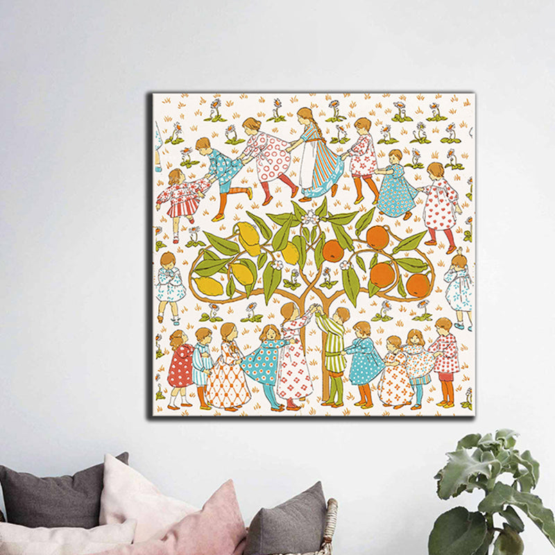 Kids Around Tree Wall Art Nordic Style Entertainment Canvas Print in Yellow for Gallery Yellow Clearhalo 'Arts' 'Canvas Art' 1763777
