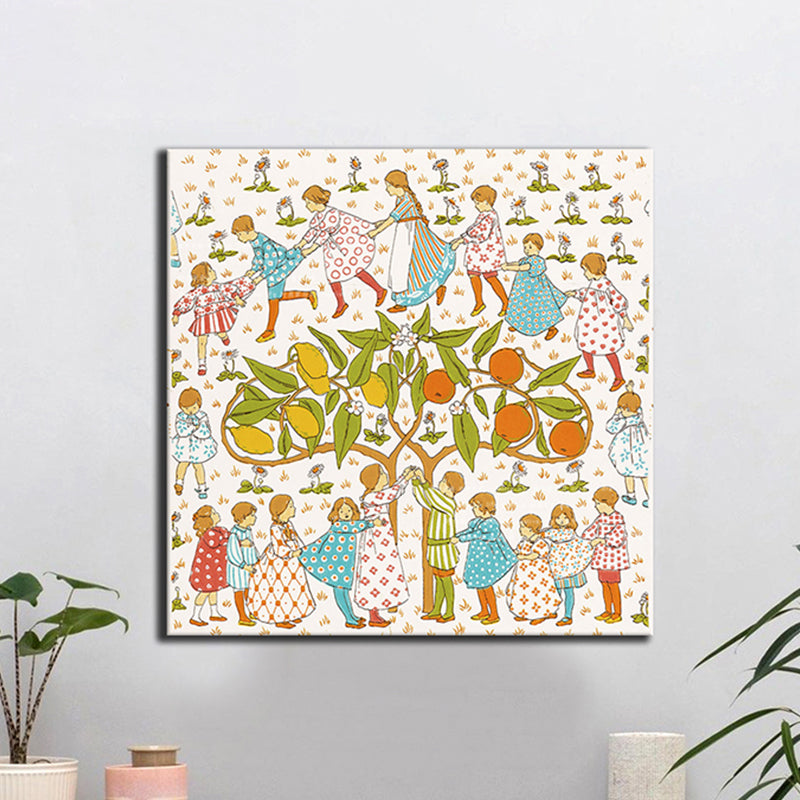 Kids Around Tree Wall Art Nordic Style Entertainment Canvas Print in Yellow for Gallery Clearhalo 'Arts' 'Canvas Art' 1763778