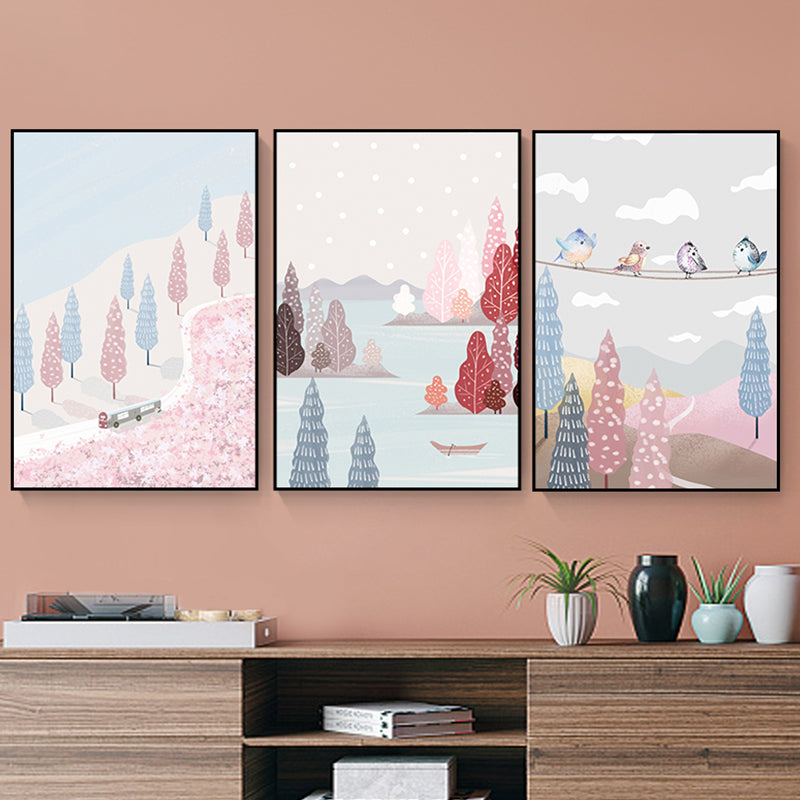 Illustration Park Scenery Wall Art Kids Style Landscape Canvas Print in Pink and Blue Pink Clearhalo 'Art Gallery' 'Canvas Art' 'Kids' Arts' 1763836