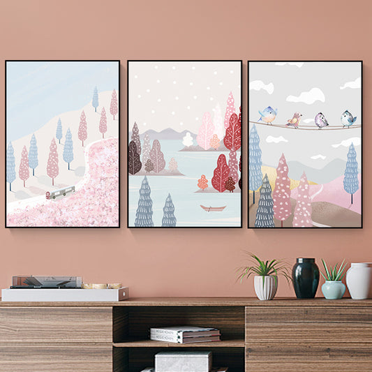Illustration Park Scenery Wall Art Kids Style Landscape Canvas Print in Pink and Blue Pink Clearhalo 'Art Gallery' 'Canvas Art' 'Kids' Arts' 1763836