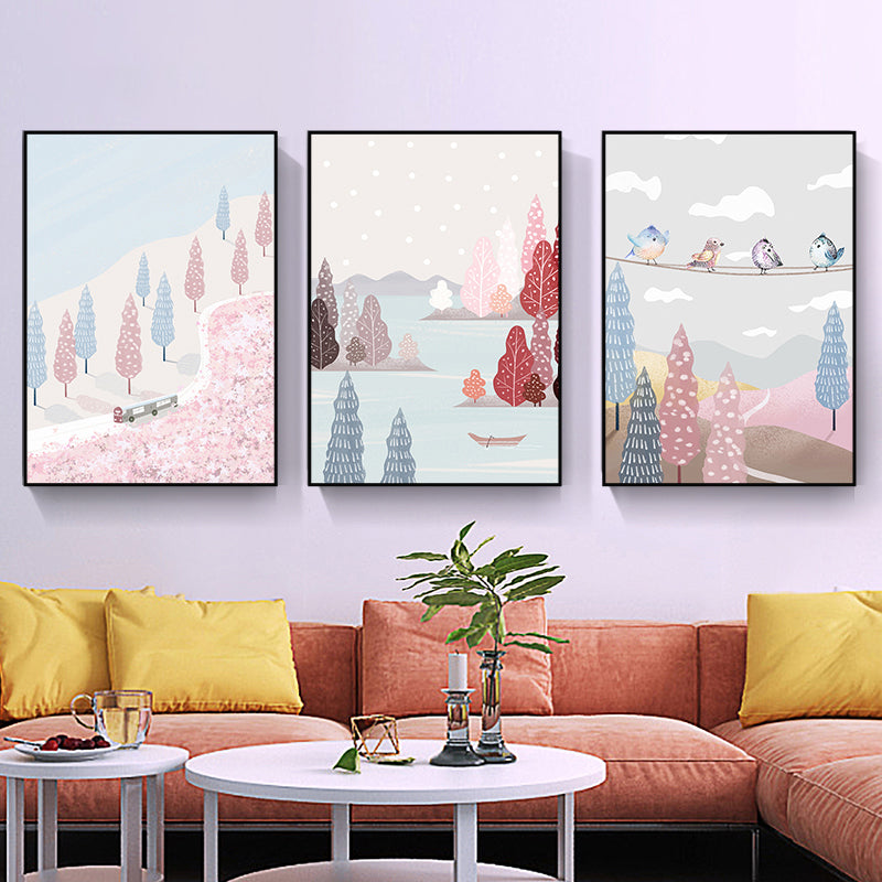 Illustration Park Scenery Wall Art Kids Style Landscape Canvas Print in Pink and Blue Clearhalo 'Art Gallery' 'Canvas Art' 'Kids' Arts' 1763837