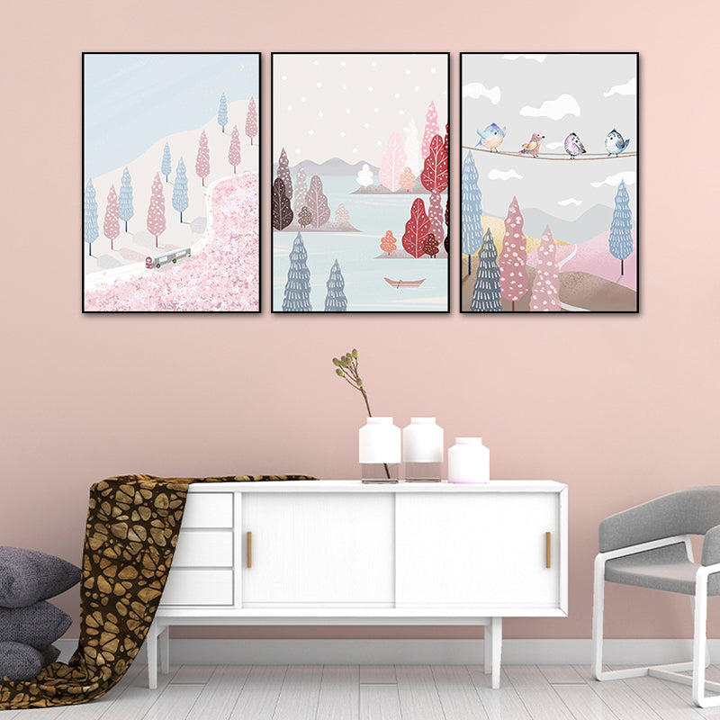 Illustration Park Scenery Wall Art Kids Style Landscape Canvas Print in Pink and Blue Clearhalo 'Art Gallery' 'Canvas Art' 'Kids' Arts' 1763838