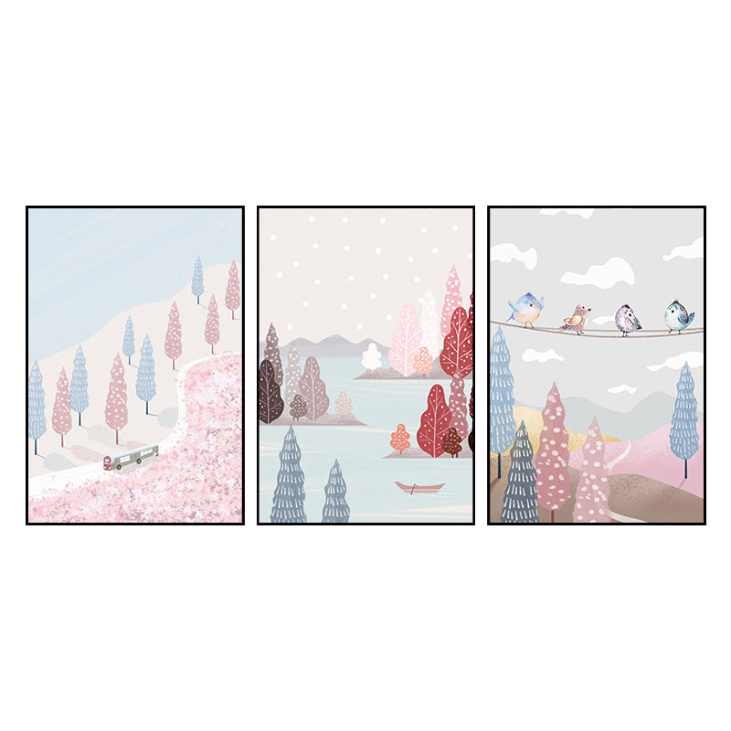 Illustration Park Scenery Wall Art Kids Style Landscape Canvas Print in Pink and Blue Clearhalo 'Art Gallery' 'Canvas Art' 'Kids' Arts' 1763839