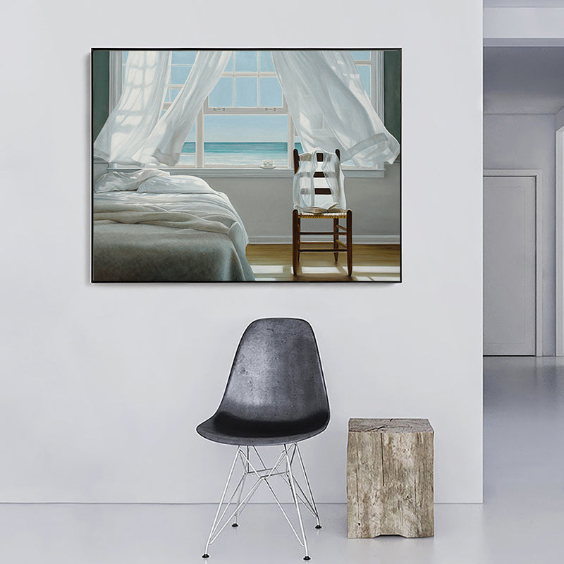 Seashore House Interior View Canvas Blue Nordic Style Wall Art Print for Bedroom Light Blue Clearhalo 'Arts' 'Canvas Art' 1763908
