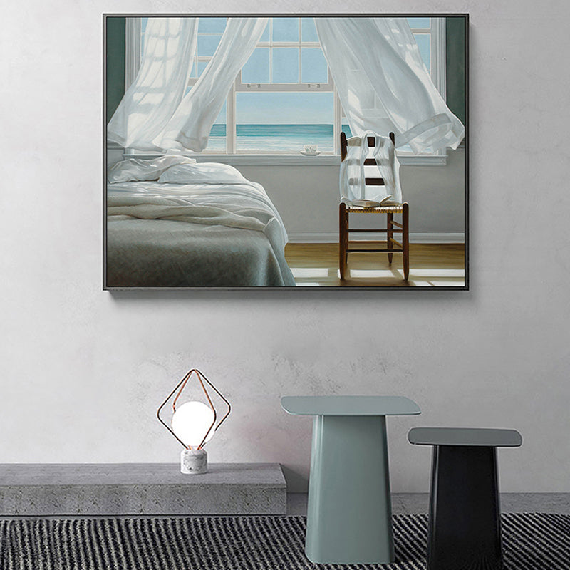 Seashore House Interior View Canvas Blue Nordic Style Wall Art Print for Bedroom Clearhalo 'Arts' 'Canvas Art' 1763909