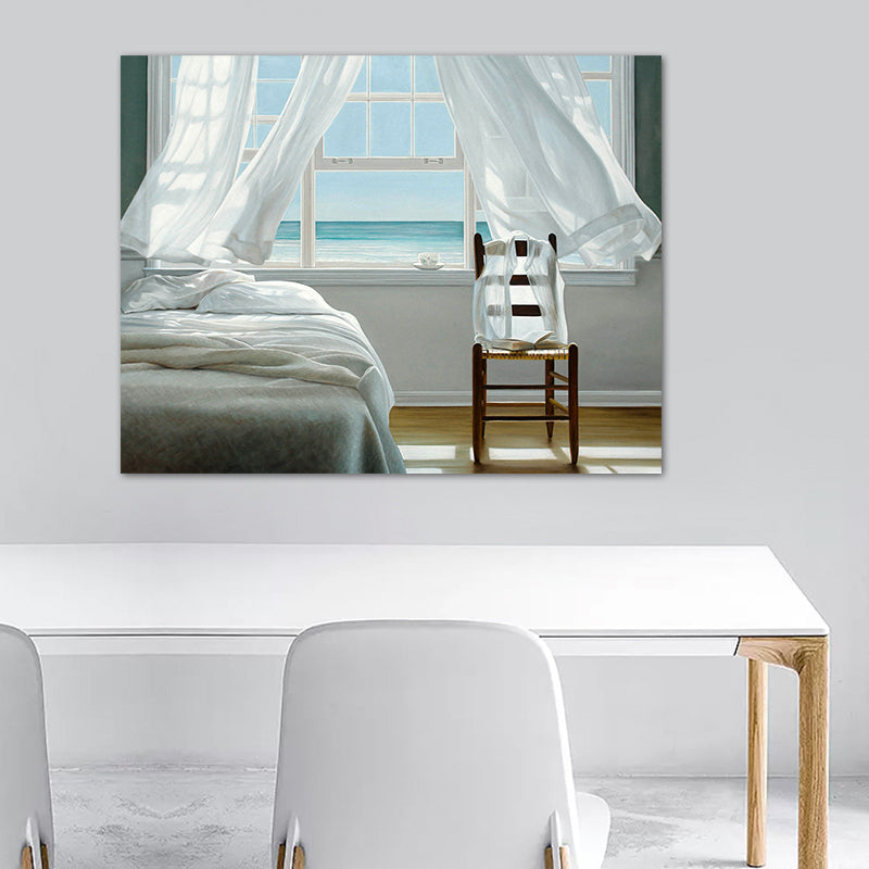 Seashore House Interior View Canvas Blue Nordic Style Wall Art Print for Bedroom Clearhalo 'Arts' 'Canvas Art' 1763910