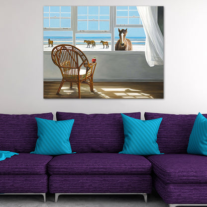 Seashore House Interior View Canvas Blue Nordic Style Wall Art Print for Bedroom Sky Blue Clearhalo 'Arts' 'Canvas Art' 1763917
