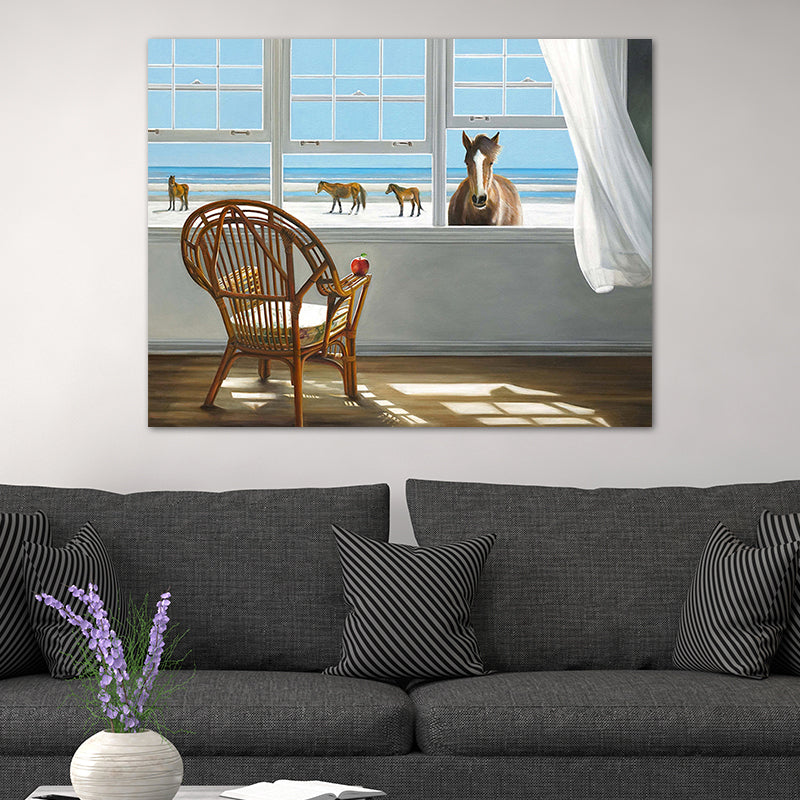 Seashore House Interior View Canvas Blue Nordic Style Wall Art Print for Bedroom Clearhalo 'Arts' 'Canvas Art' 1763919